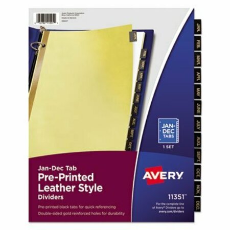 AVERY DENNISON Avery, Preprinted Black Leather Tab Dividers W/gold Reinforced Edge, 12-Tab, Ltr 11351